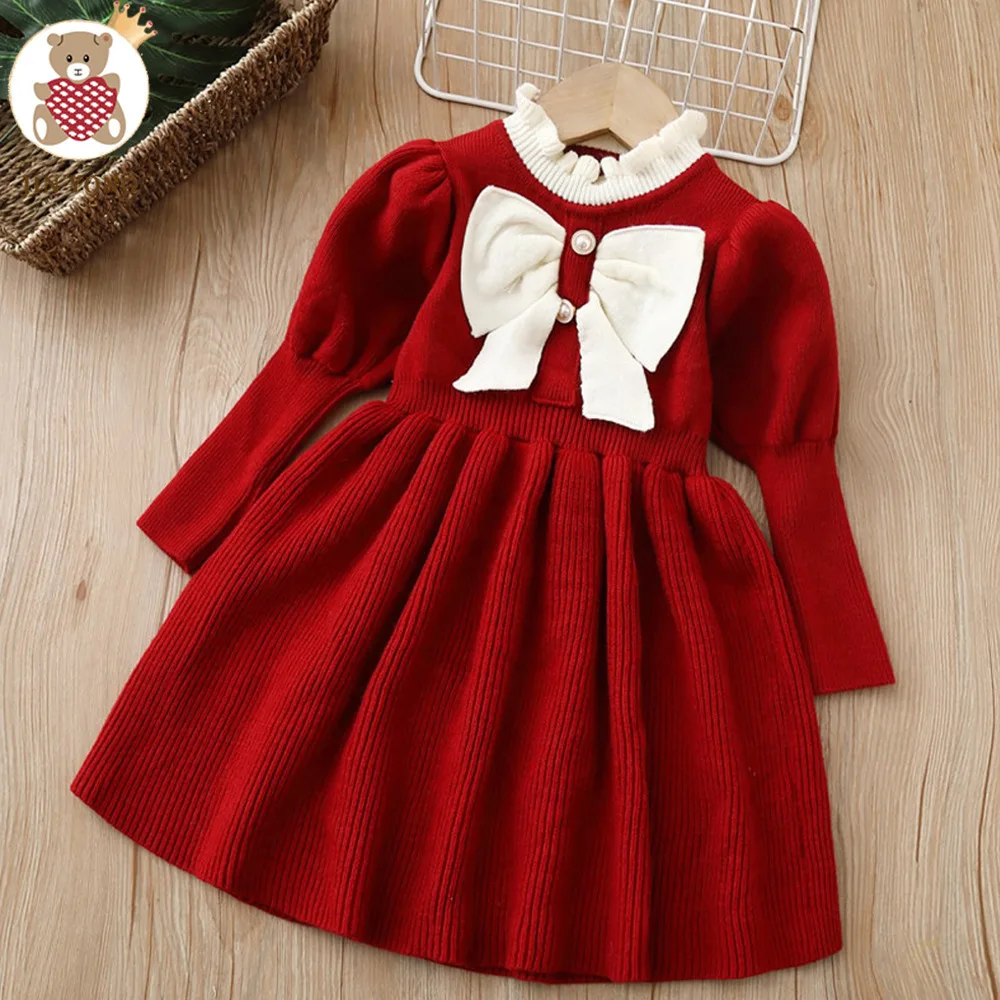 

Girls dress children's wear knitted dress new bow fashionable dress baby girls dress