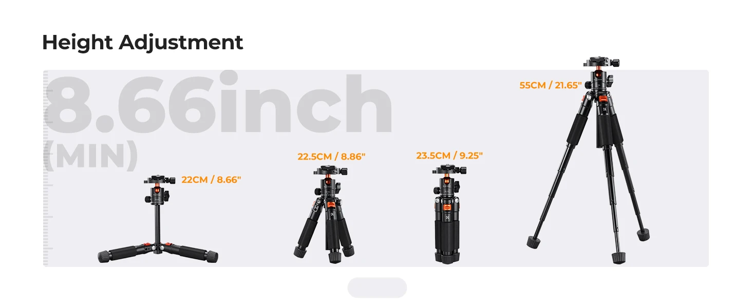 K&F CONCEPT Mini-Tischstativ 21,6'' Kompaktes kleines Stativ mit Kugelkopf, belastbar bis zu 6 kg, 1/4 Zoll Schnellwechselplatte – Detail 5