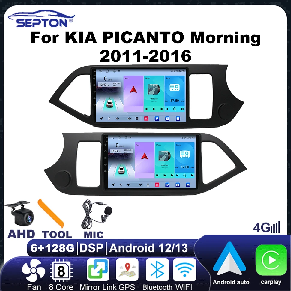 

SEPTON автомобильный радиоприемник с экраном, аудиостерео для KIA PICANTO Morning 2011-2016, Android Auto, беспроводной Carplay, GPS, Wi-Fi, FM BT