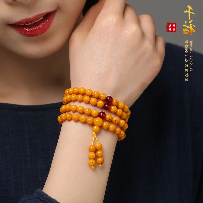 Live Streaming Old Beeswax Bracelet108Yellow Chicken Grease Buddha Beaded Necklace Amber Rough Stone Multi-Circle Bracelet for M