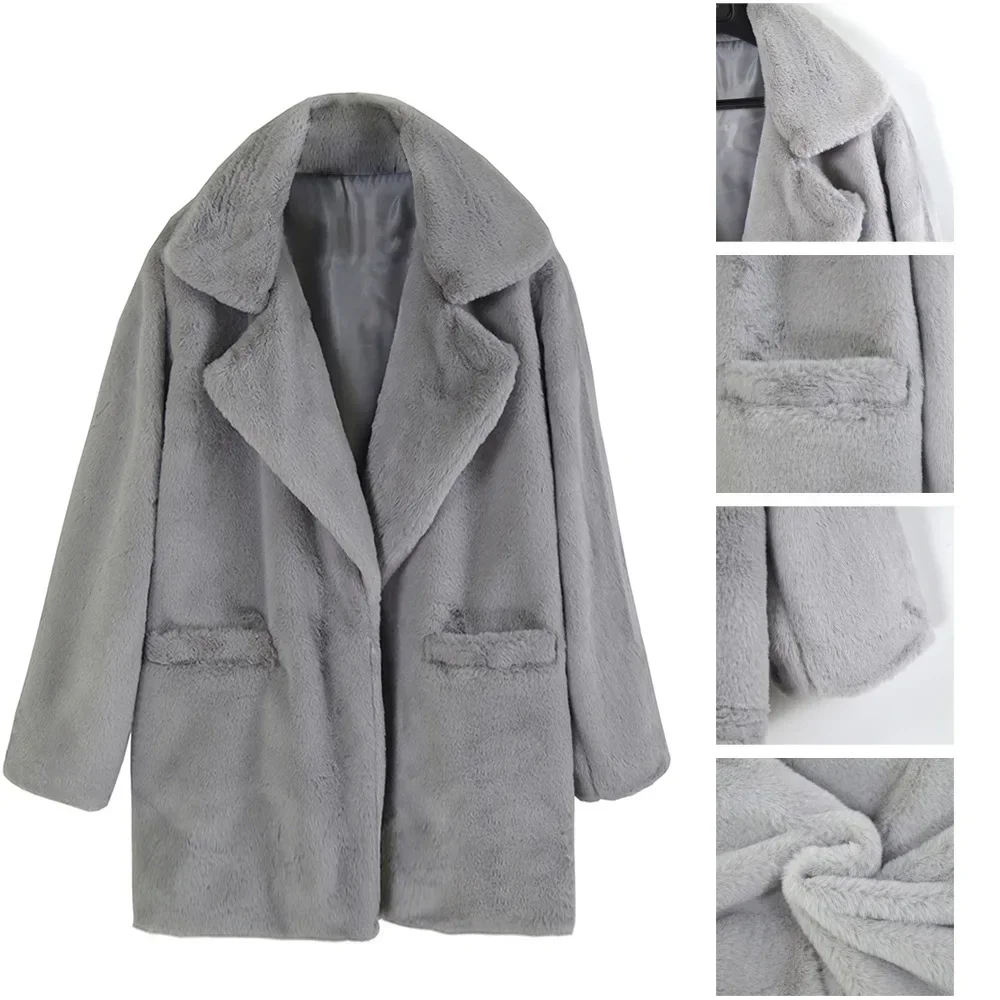 Women Autumn Winter Coat Jacket Plush Fleece Long Sleeve Fashion Solid Color Coats Outwear Label Neck