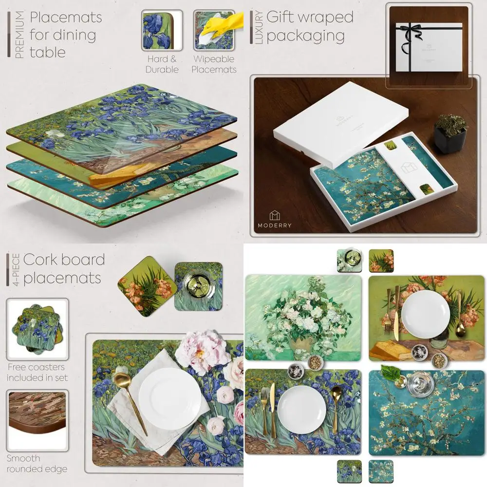 

Набор из 4 термостойких пробковых салфеток с подходящими подставками для напитков, цветочным дизайном Ван Гога, 16x12 дюймов
