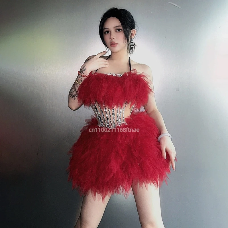 

Современный танцевальный костюм для девочек, сетчатая короткая юбка без бретелек, футболка для подиума, комплект для танцевальных представлений, вечернее платье для женщин