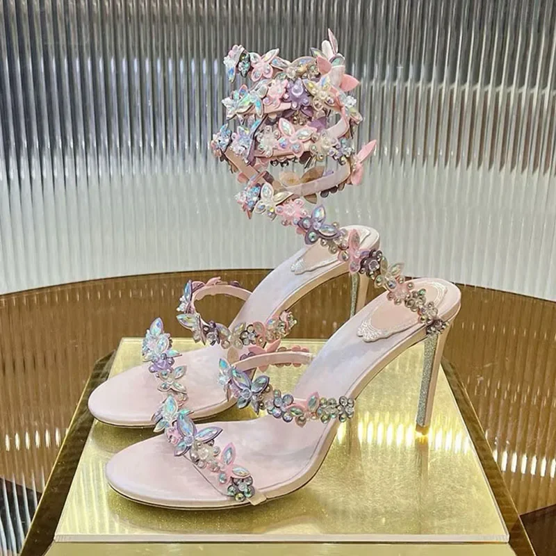المرأة رقيقة عالية الكعب حزام مطاط صنادل طراز جلاديتور بلينغ حجر الراين زهرة ديكور Sandalias الصيف فستان وصيفة الشرف الأحذية