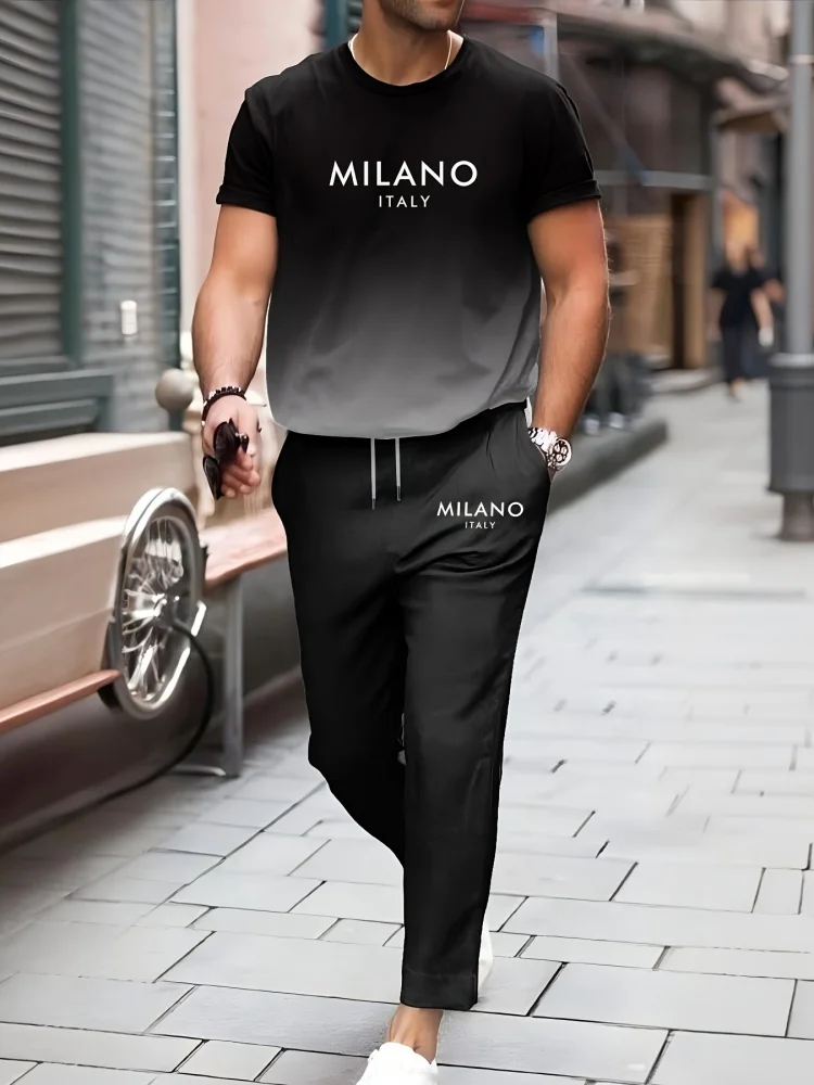

Summer Fashion Men's Streetwear Set Trendy 3D Letter Print Crew Neck Short Sleeve T-Shirt With Casual Trousers Two-Piece Set