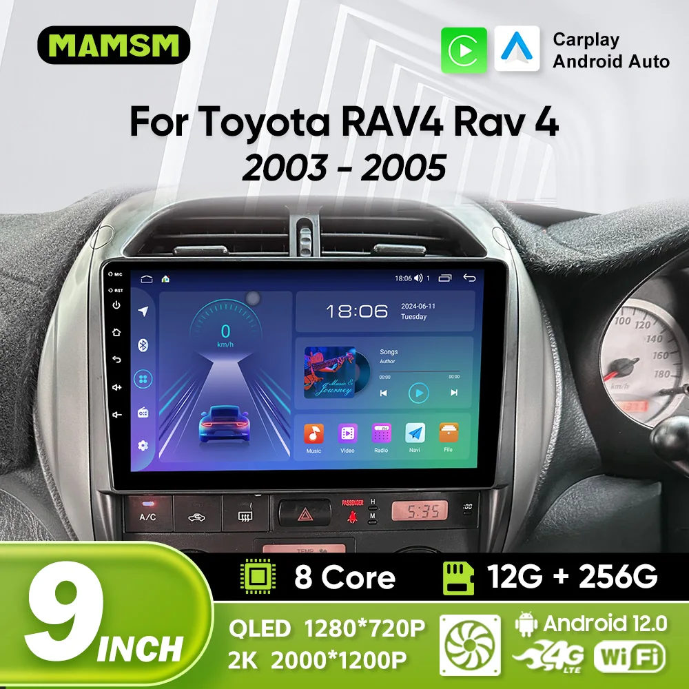 Radio para Auto de 9 Pulgadas con Navegación WiFi/4G GPS Android 12 Carplay con Kit de Arnés, Multimedia para Auto, para Toyota RAV4 Rav 4 2003 2004 2005