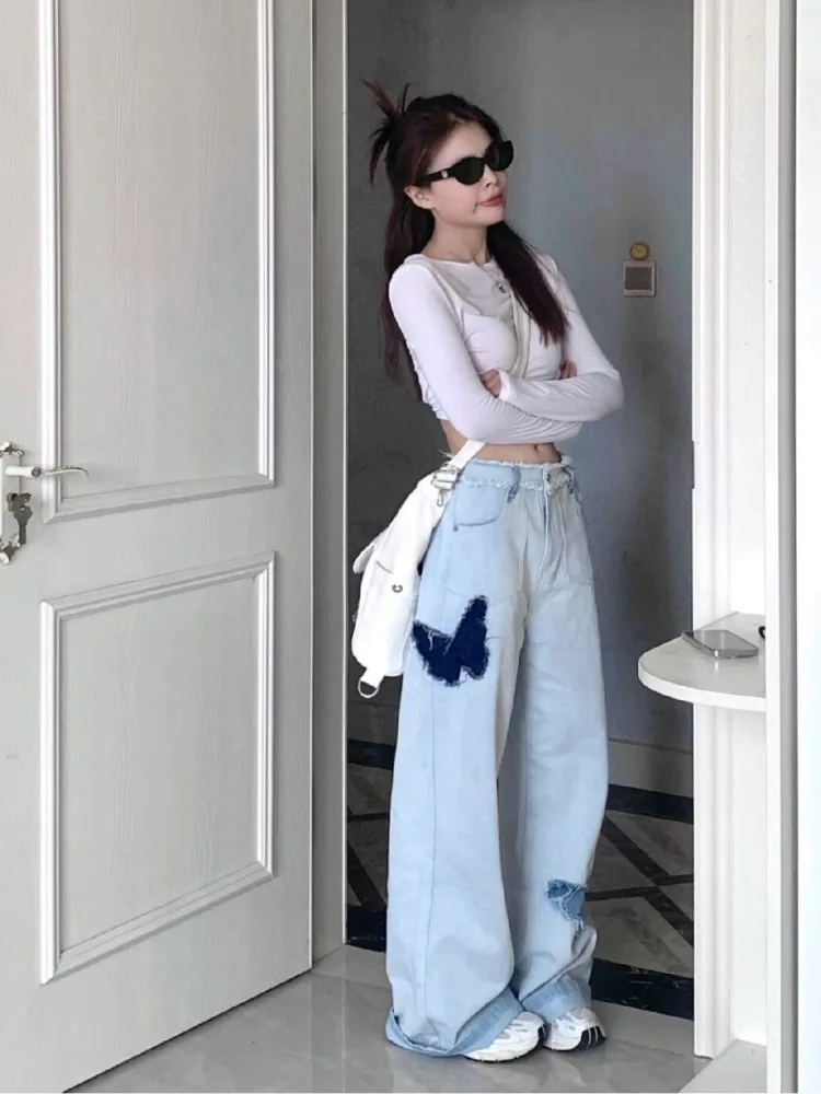 HOUZHOU Y2K Hippie Blue Baggy Jeans Women Kpop Graphic Denim Pants Oversize Harajuku Streetwear Wide Leg Trousers Patchwork