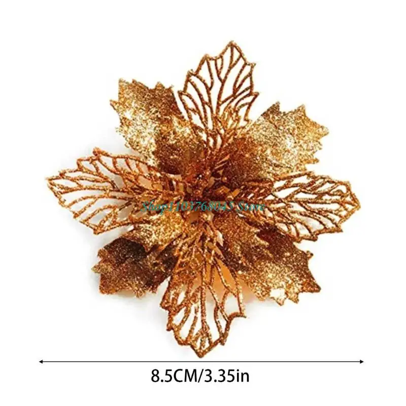 R53F 11cm Christmas Glitter Poinsettia Flower Decorative Xmas Tree Flowers for Wreath