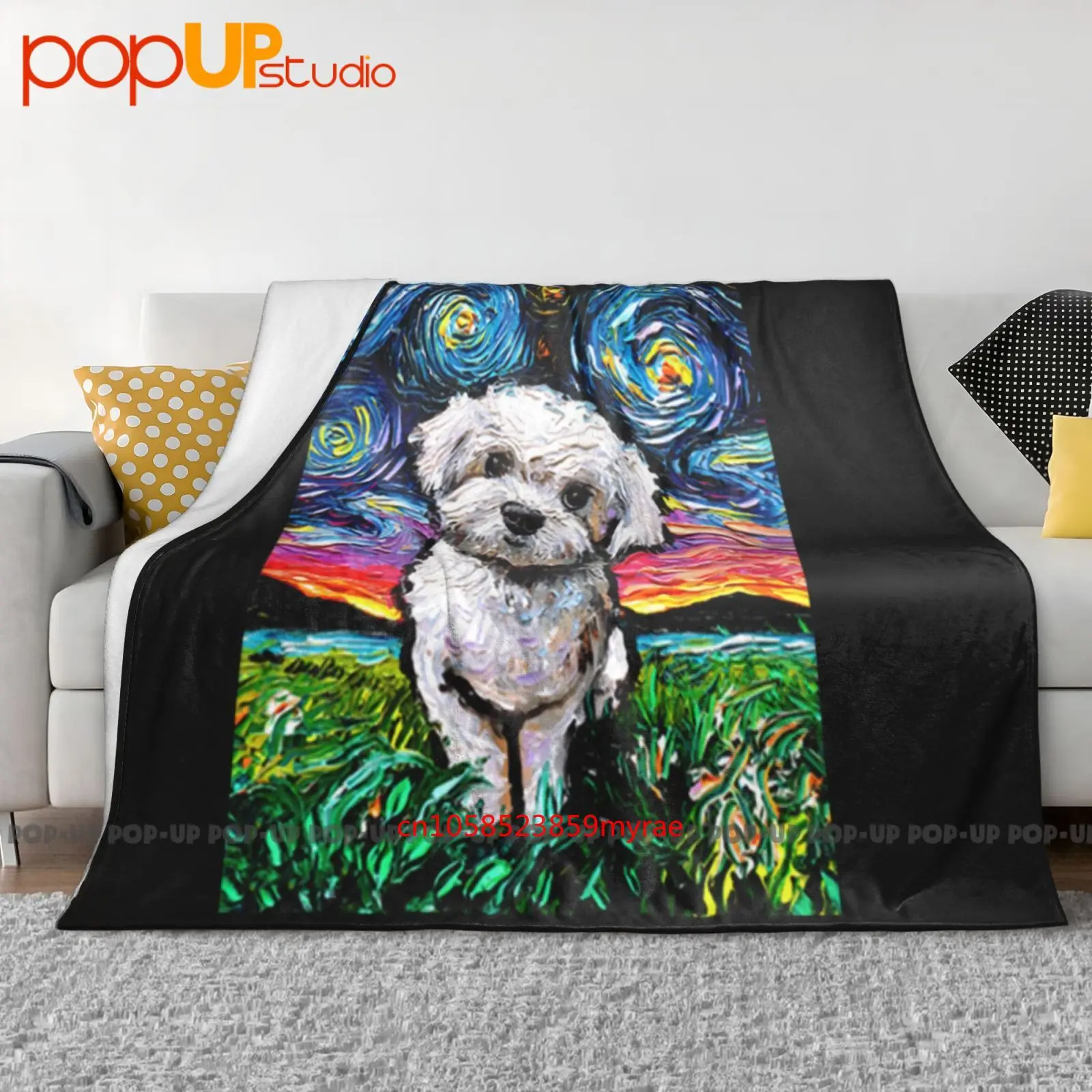 Maltipoo noche estrellada blanco maltés caniche perro arte de Aja manta ultrasuave colcha funda de sofá de invierno fundas de cama