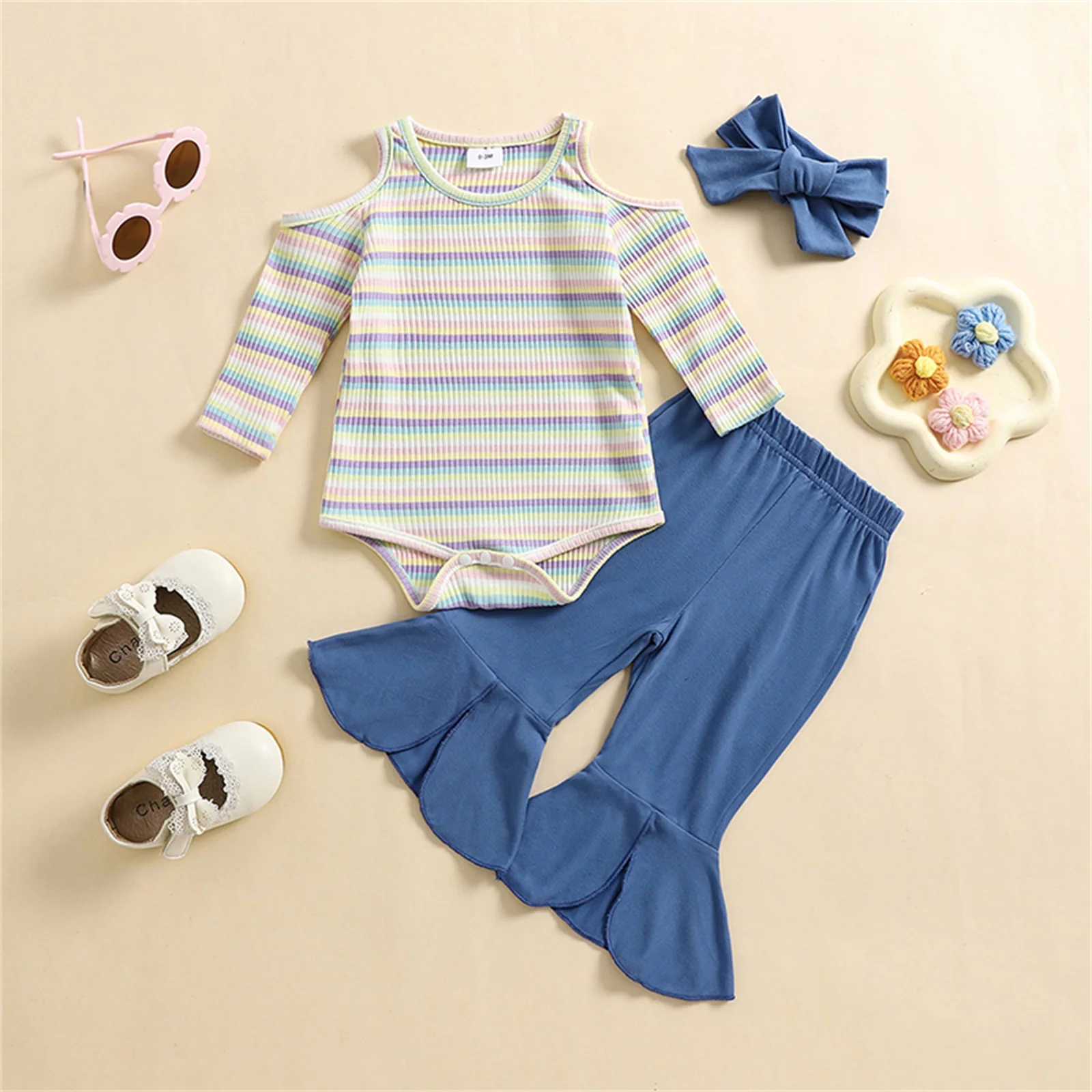 BeQeuewll Fashion Baby Girls Clothes Spring Fall Stripe Newborn Outfit Cold Shoulder Long Sleeve Romper Flare Pants Headband Set