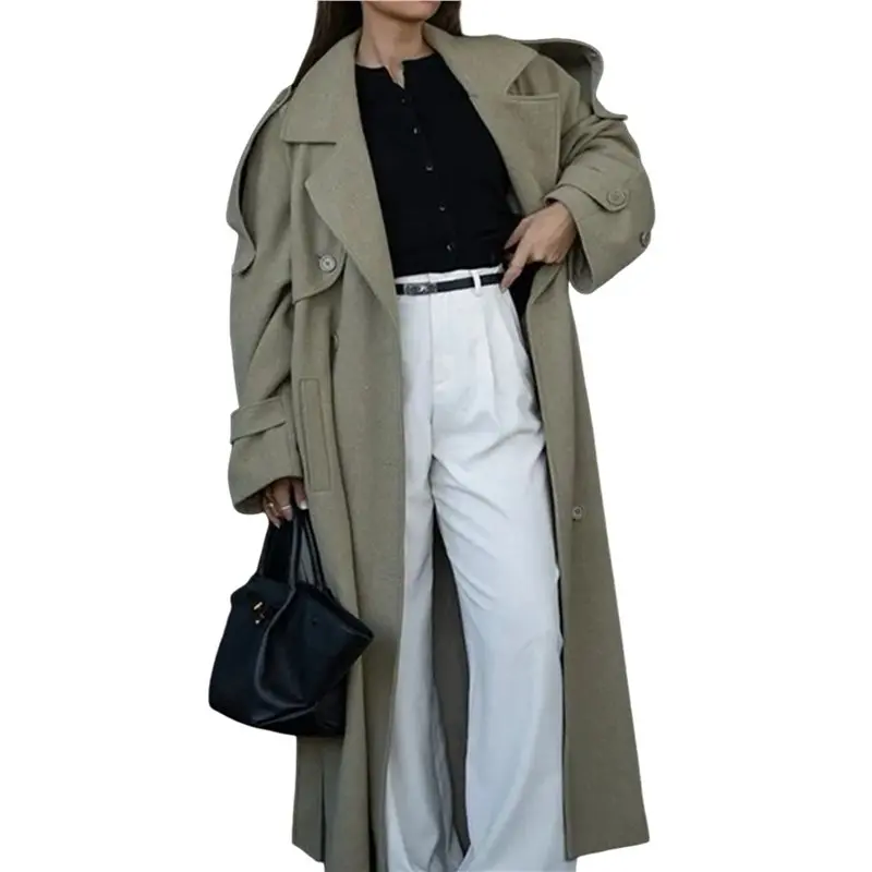 AEF6-Women Retro Single-Breasted Lapel Long Loose Belt Pockets Winter Street Outwear