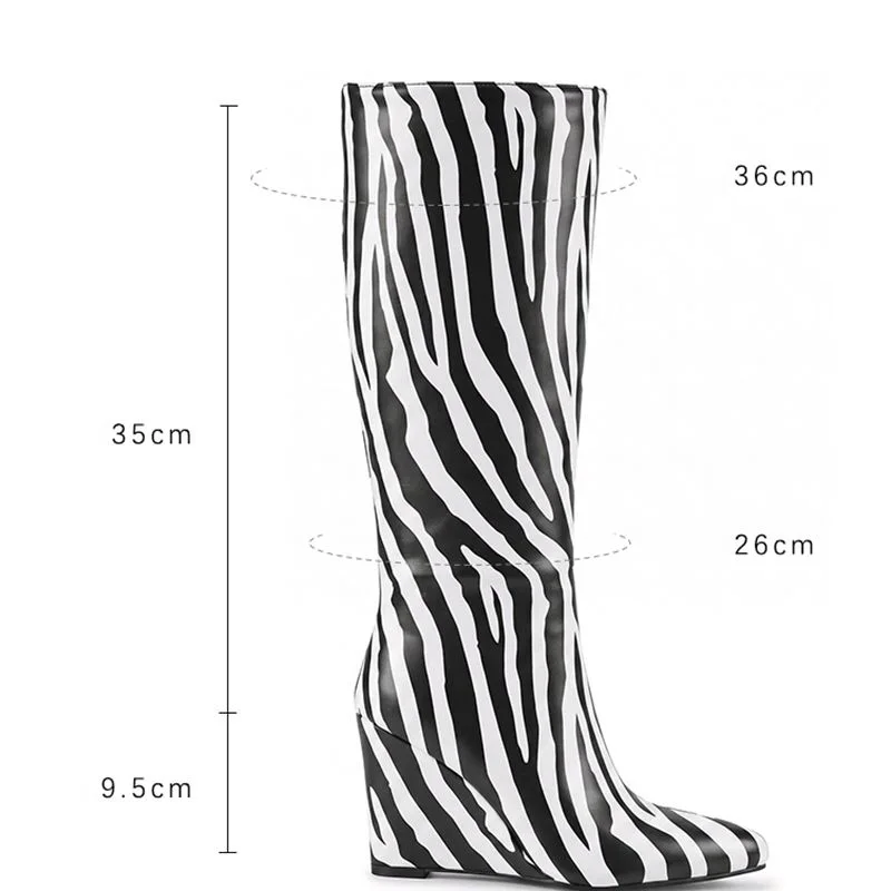 REAVE CAT Striped Women's Knee High Boots Pointed Toe 9.5cm Wedges Heel Zipper Mixed Color Large Size 43 44 45 46 Fashion Botas