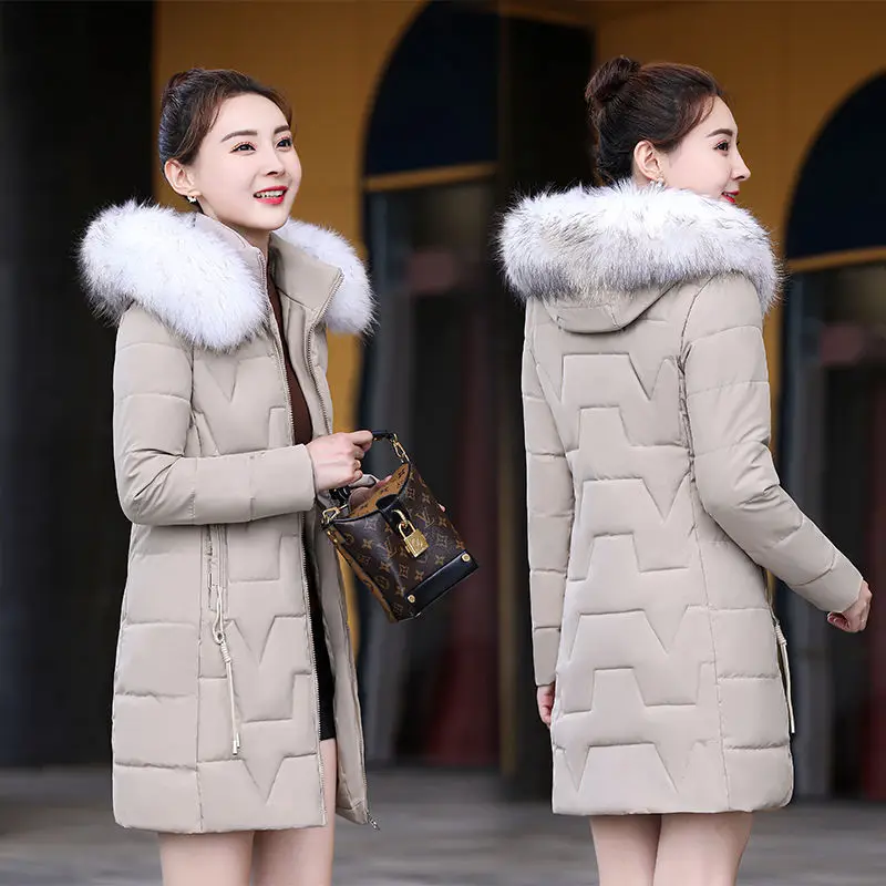 2023 New Women Down Cotton coat Winter Jacket Female Mid length version Parkas thick warm Outwear fur collar hooded Overcoat