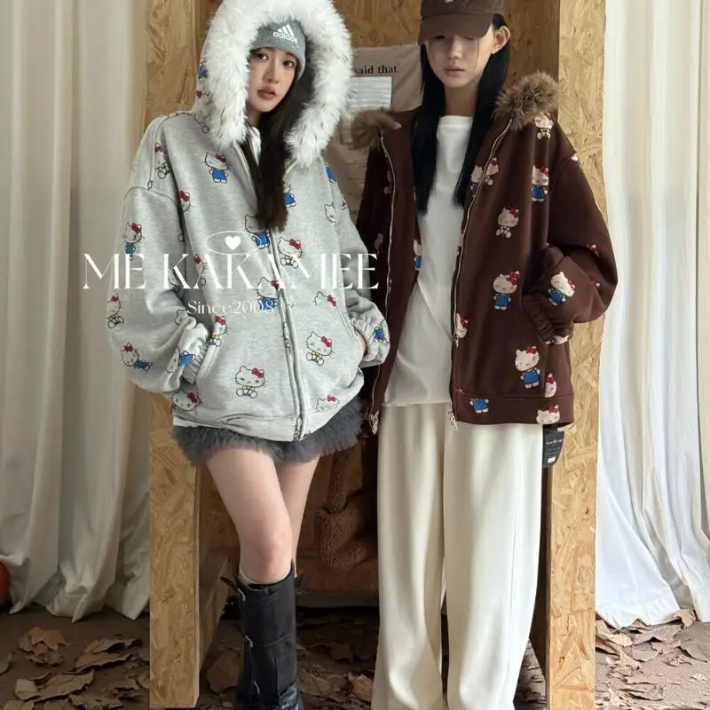 لطيف كيت طباعة هوديي المرأة فضفاض سستة قبعة مزدوجة اللون بلو ربيع الخريف سترة Jaet عارضة تخفيف Sle