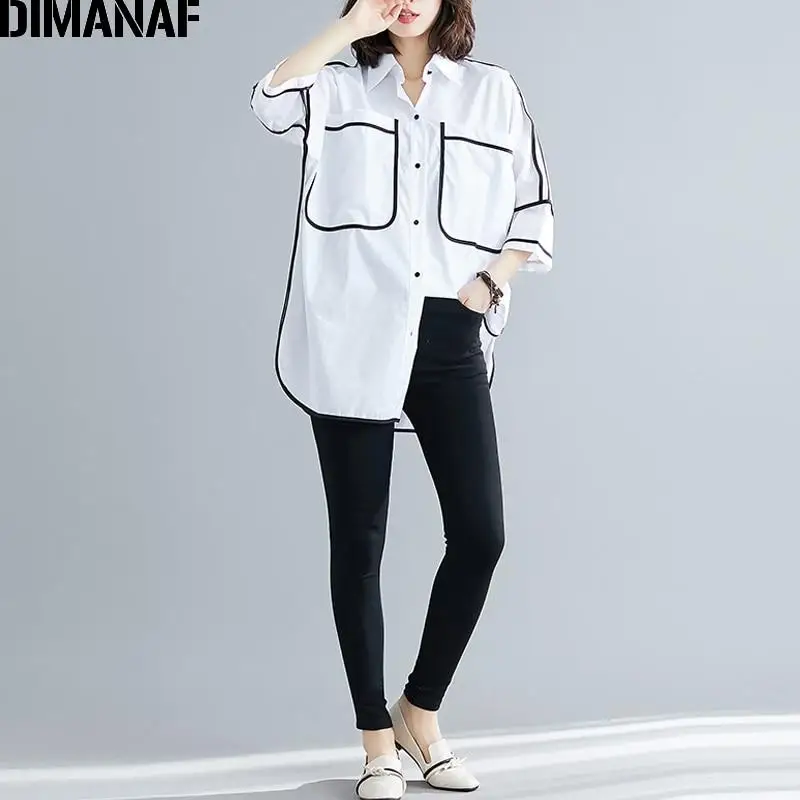 Dimanaf Plus Size Women Blouse Shirts Summer Office Lady Tops Tunic Big Size Cotton Loose Casual Spliced Female Clothes 2021 NEW