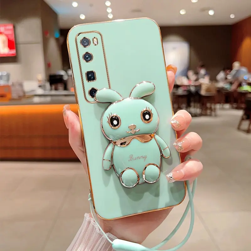 

Phone Case For Huawei Nova 7 Pro Luxury Plating Square Rabbit Holder With Landyard Phone Case Cover