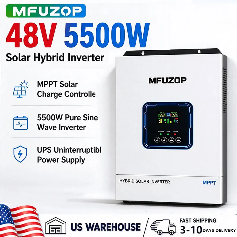 MFUZOP 5500W 48V Hybrid Solar Inverter, 110V/120V Pure Sine Wave Inverter Charger, MPPT Solar Charge Controller, RS485/RS232, Off-Grid Home Backup, US Stock
