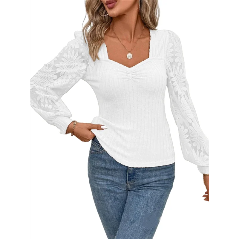 

AG-Women's Long Sleeve Shirts Lace Floral Tops Casual Knit Sweetheart Neckline Blouses Dressy Elegant Tunic Shirts