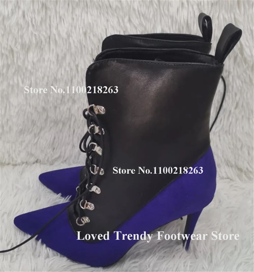Newest Red-blue Purple-black Patchwork Stiletto Heel Short Boots Pointed Toe Metal Buckles Lace-up Thin Heel Ankle Booties view 5