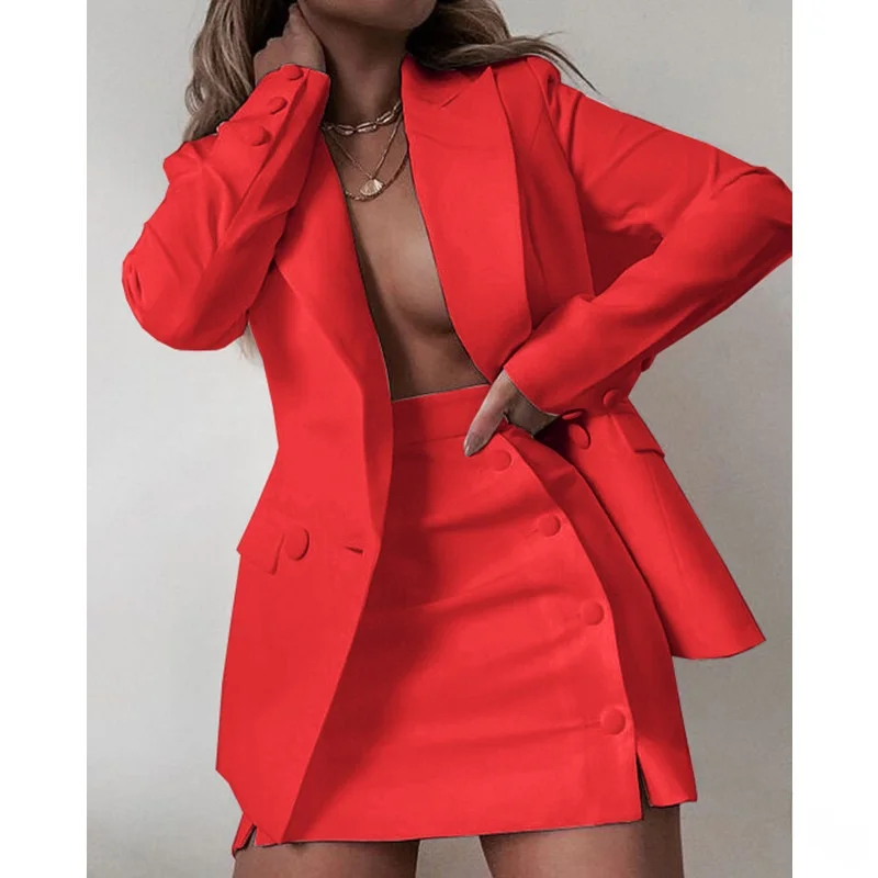 

Women's Long Sve Suit Coat And ort Skirt Two-Piece Set Faionable Workwear Polyester Material Ages 8-25 Fall Season