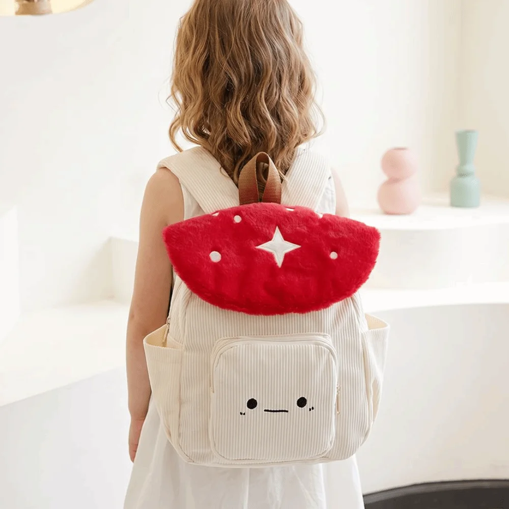 Polka Dot Embroidered Mushroom Backpack Plush Cute Corduroy Shoulder Bag Korean Style Star Cartoon Children's Schoolbag Students
