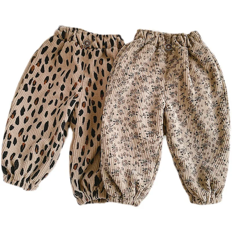 Koreanischer Stil Kleinkind Mädchen Cord Haremshose 1-8Y Leoparden-Blumendruck Herbst Winter gefütterte oder dünne Freizeithose – Detail 15