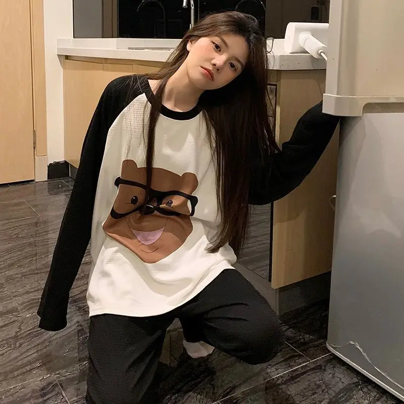 New Lovely Pajama Ladies Spring Autumn Pyjamas Waffle Long Sleeve Nightgown Loose Casual Sleepwear Crew-neck Printed Home Wear