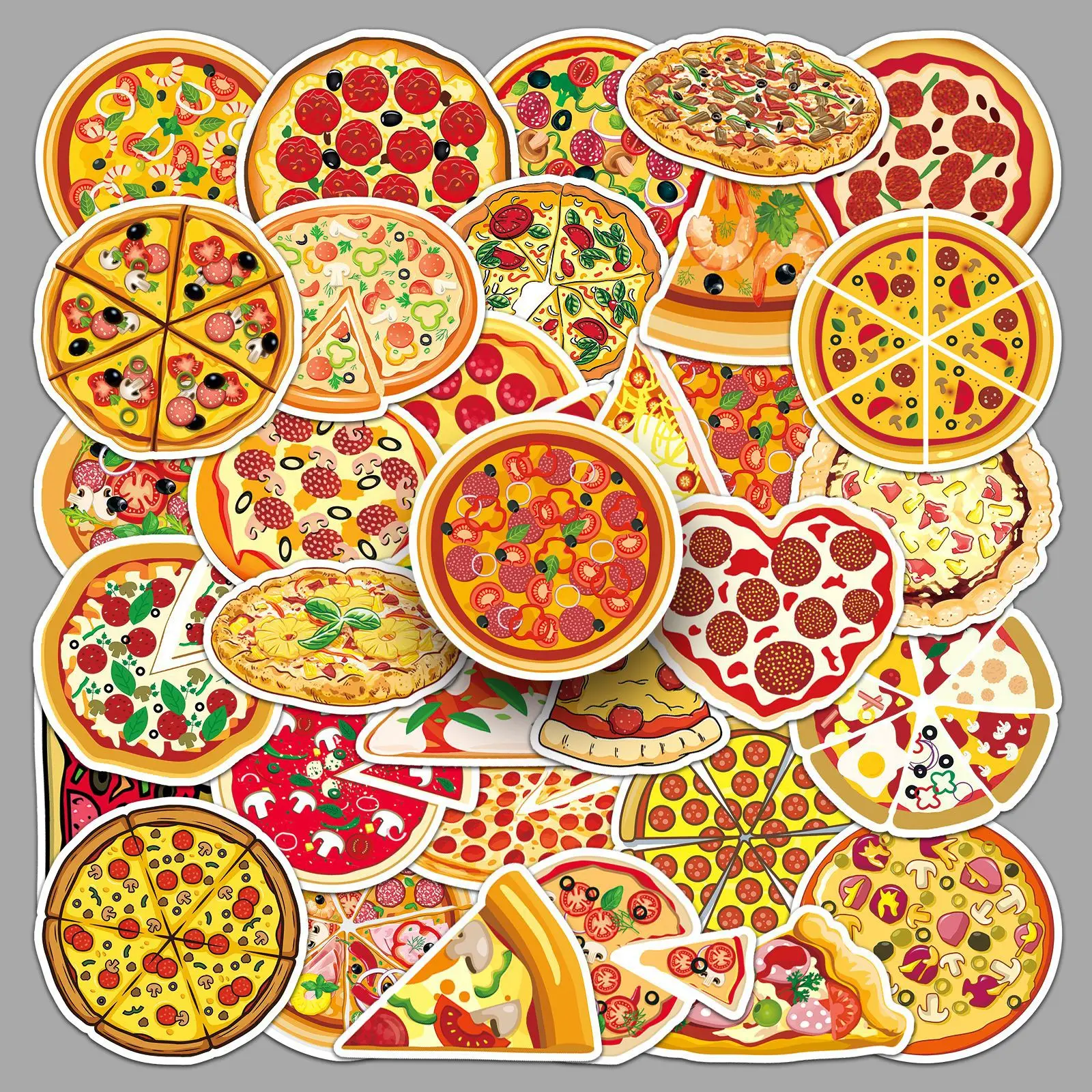 50 Stück Cartoon Pizza Lebensmittel Lustige Aufkleber für Scrapbook Handyhülle Notizbuch Roller Wasserdichte Graffiti-Aufkleber Kinderspielzeug Geschenk