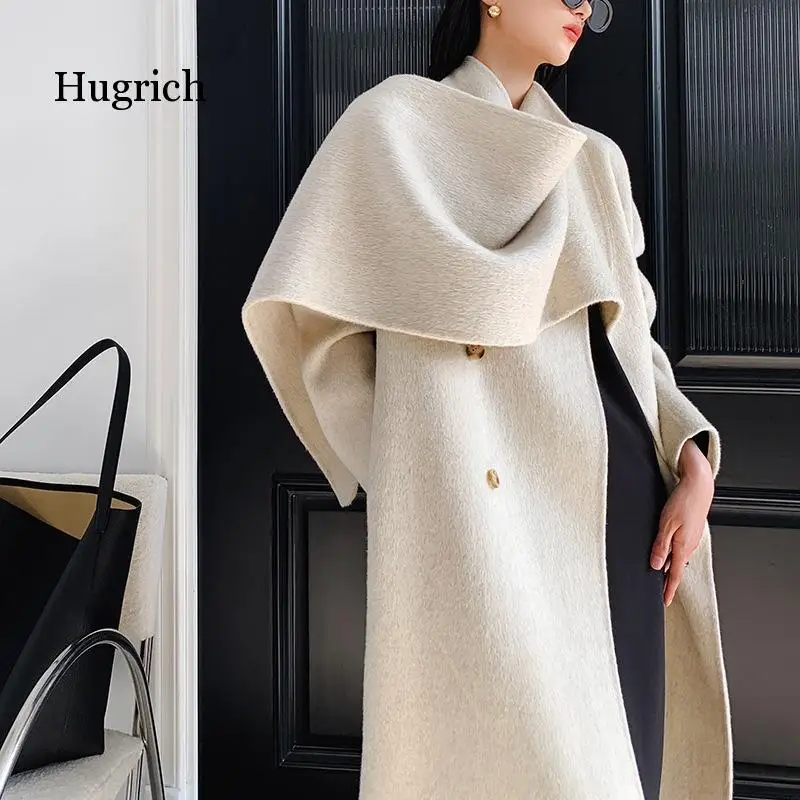 

Women Double-face Woolen Coat Fall Winter Scarf Collar Long Loose Overcoat Female Solid Double Breasted Belt Slim Wool Jacket