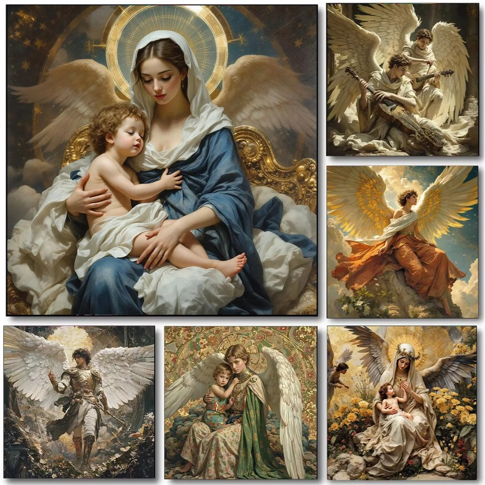Pintura en lienzo de ángeles cristianos, arte de pared, religión espiritual renacentista, póster de Ángel Santo, impresiones para decoración del hogar y la sala de estar