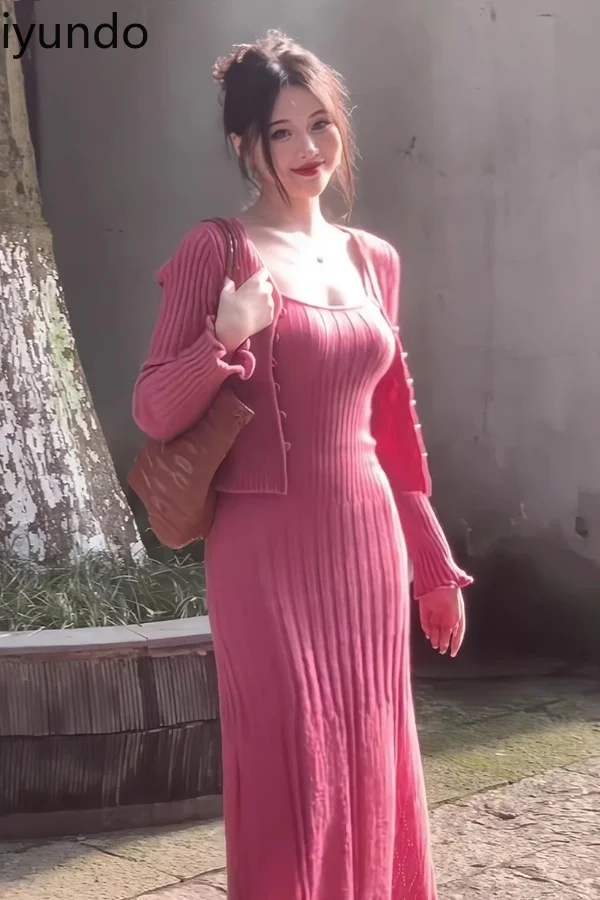 

Women's Two-Piece Set Spring Autumn Short Sleeve Knit Cardigan Slip Dress Slimming Waist Design Sweet & Sexy Sweetheart Outfit