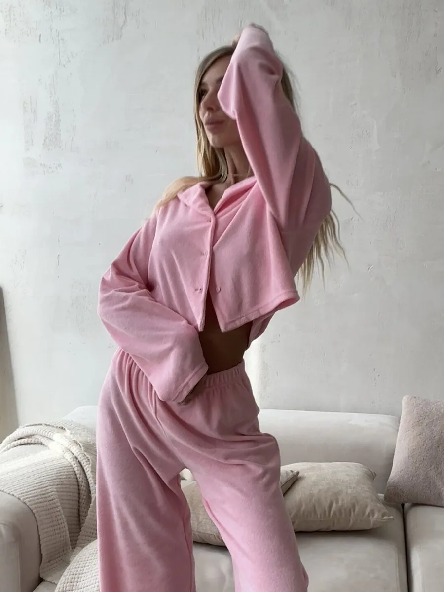 Muzuleva الوردي المخملية طويلة الأكمام السراويل بيجامة مجموعة جديدة الخريف الشتاء بالأزرار منامة المرأة ملابس المنزل مريحة #6