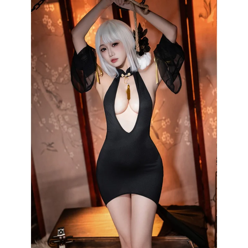 فستان لانجري مثير بفتحة على شكل حرف V على طراز شيونغسام بأكمام شفافة وتصميم بدون ظهر ملابس لعب الأدوار المثيرة للنساء