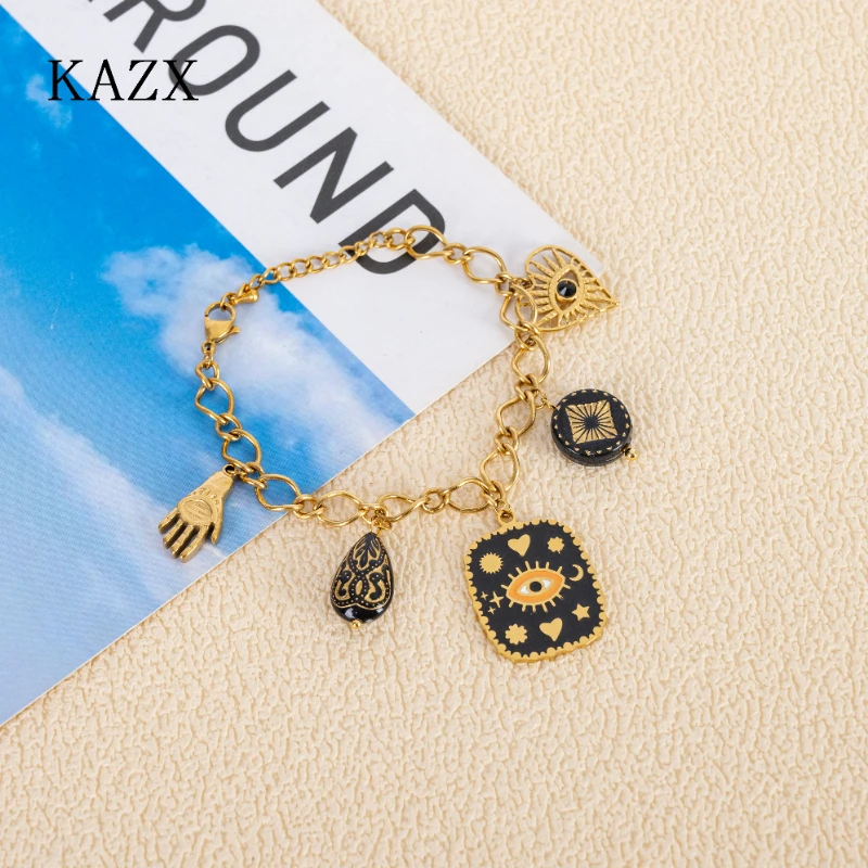 

Gold Plated Stainless Steel Bracelet Enamel Sun Moon Star Pendant Adjustable Boho Lucky Protection Jewelry for Women