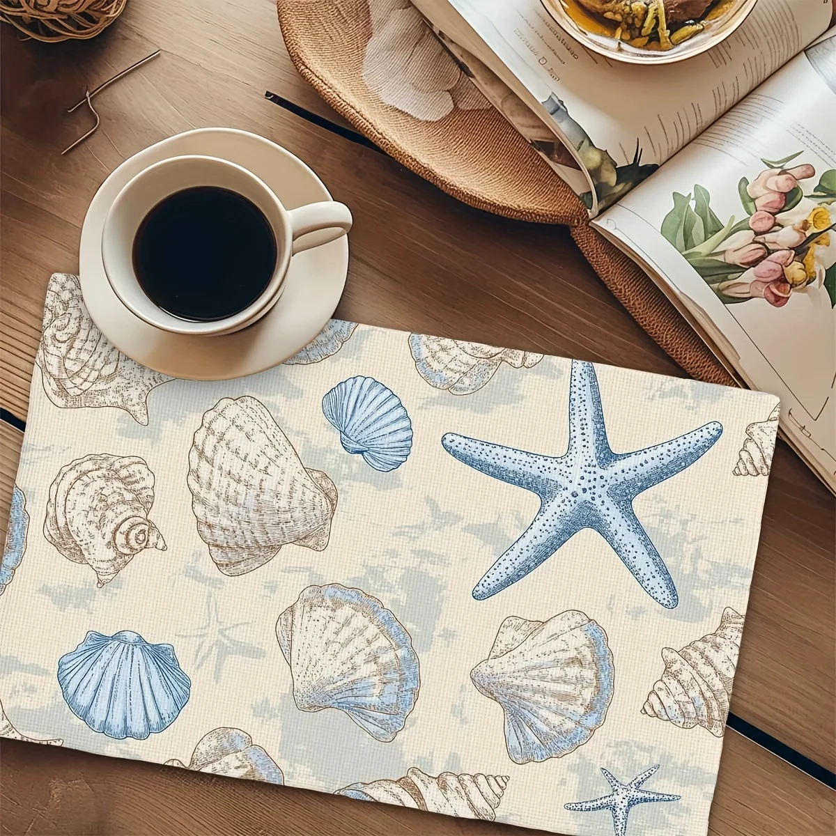4Pcs Light Blue Shell Hand-Painted Placemats, Washable Table Mats for Holiday Parties, Home & Kitchen Decor