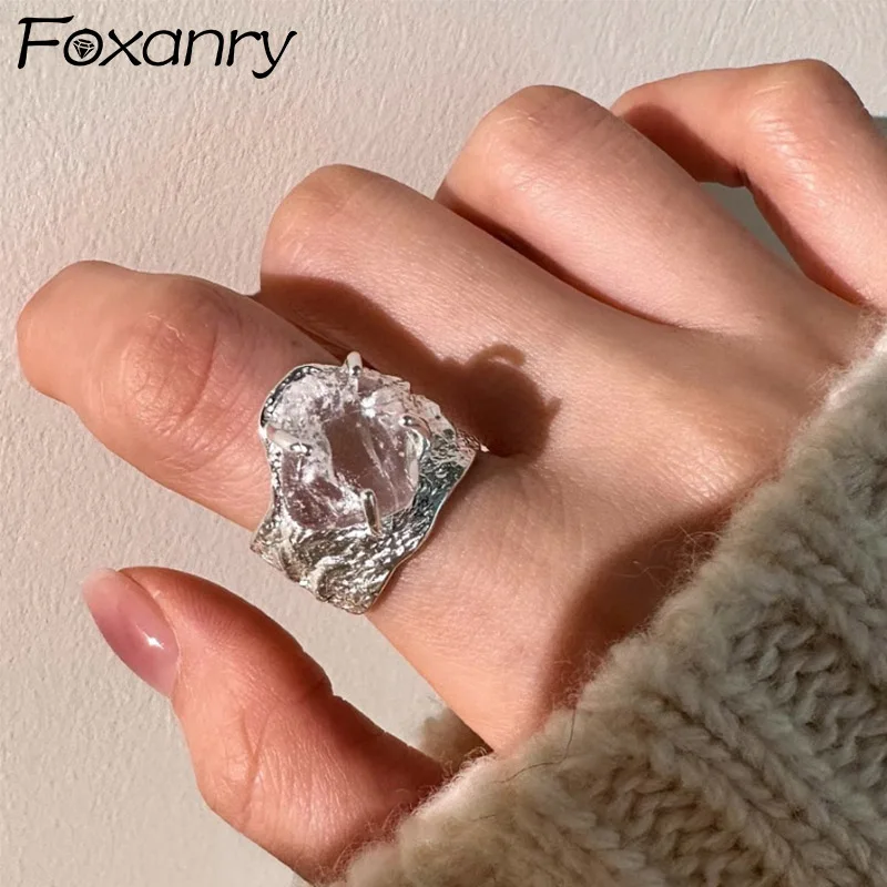 Foxanry Irregular Geometric Crystal Rings For Women Girls Creative Design Simple Fashion Exaggerated Engagement Jewelry Gifts