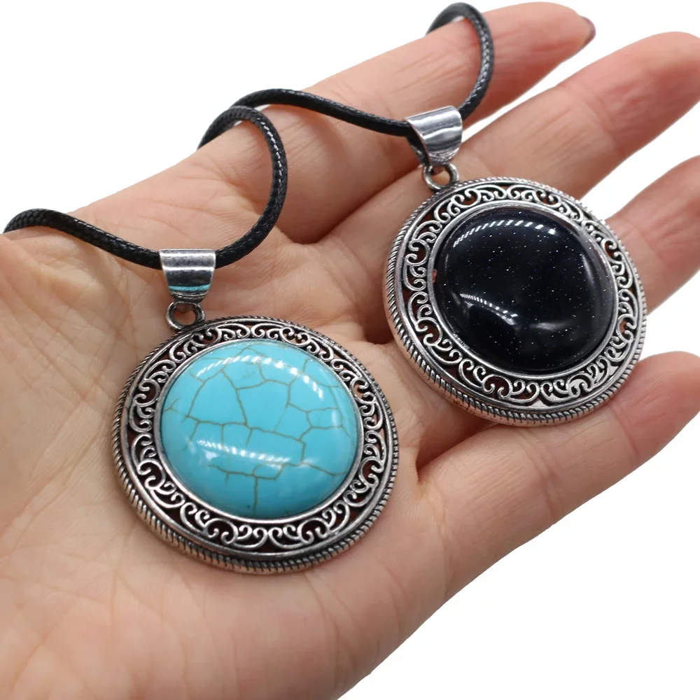 Natural Rose Quartzs Blue Turquoises Pendant Necklace Round Shape Pendant Necklace for Women Jewelry Necklace Length 55+5cm