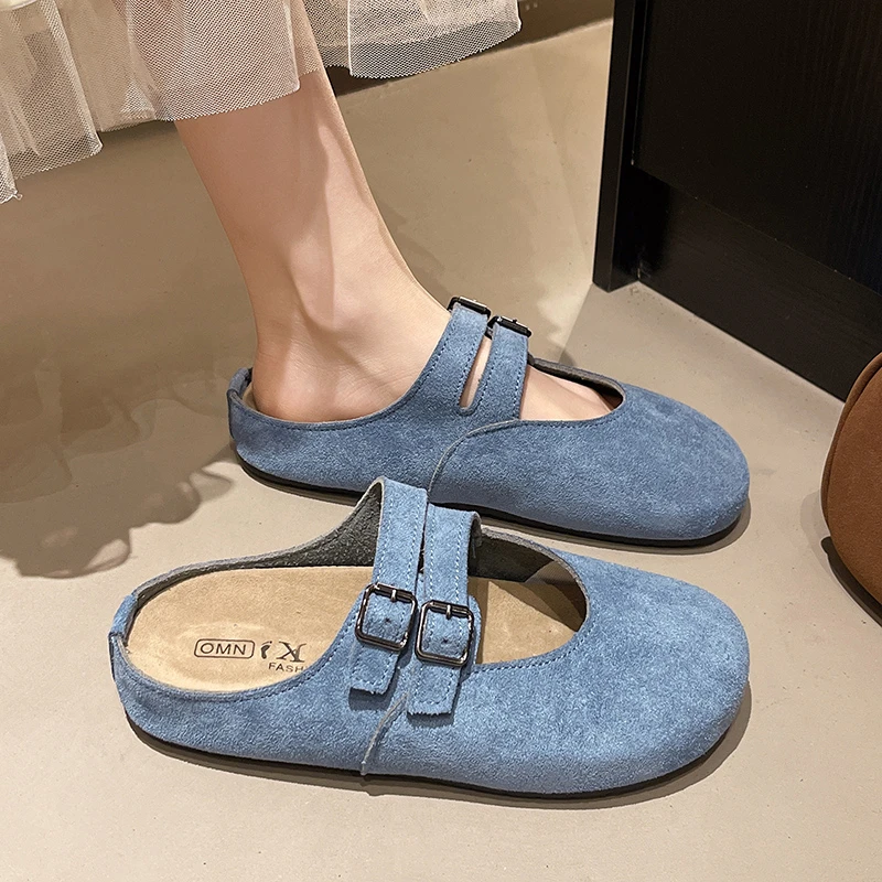 Fashion Light Blue Suede Mules 3.5cm Block Heel Double Buckle Strap Closed Toe Casual Summer Beach Slippers for Ladies