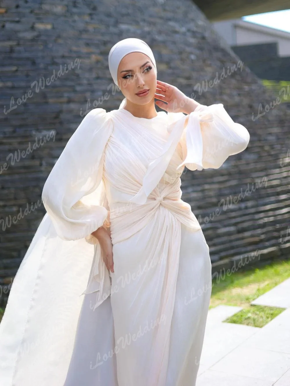 فستان حفلة موسيقية بأكمام واسعة وثنيات من الكريب 2025 بطول الكاحل مستقيم من فيستدوس دي فييستا بياقة إسلامية فساتين سهرة مخصصة