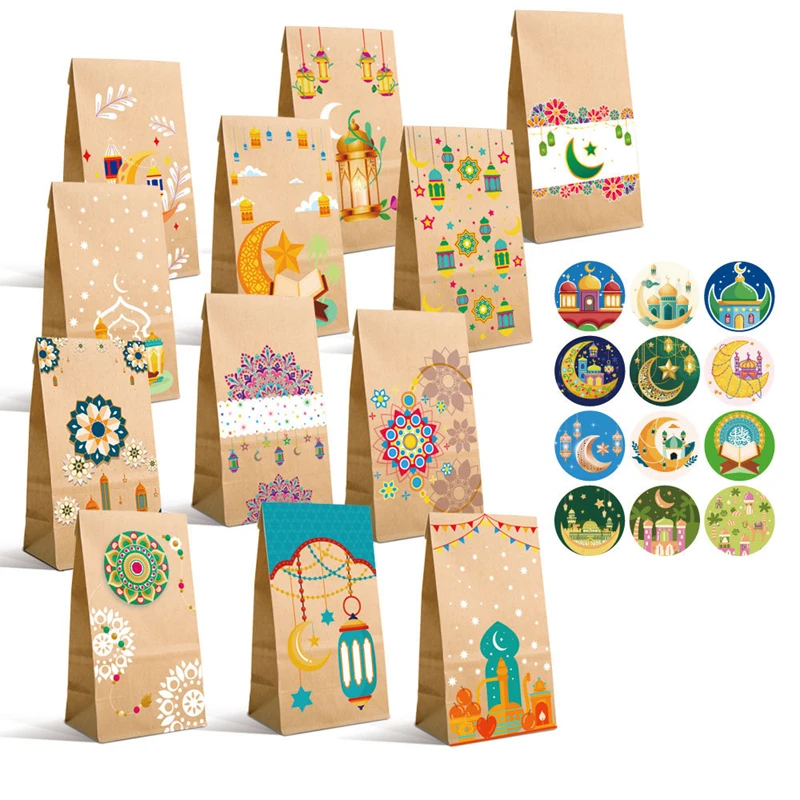 12er-Pack Eid Mubarak Kraftpapier-Geschenktüten mit Aufklebern in Verschiedenen Farben Muslimische Islamische Party-Dekorationen Keks- und Süßigkeiten-Verpackungsbeutel