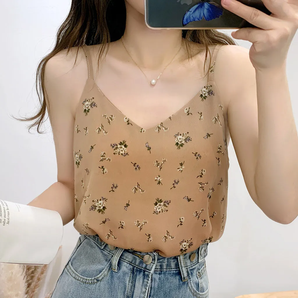 

2024 Boho Floral Printed Chiffon Shirts Fashion Women V-neck Sleeveless Camis Vest Casual Loose Female Tanks Blouse Tops Blusas