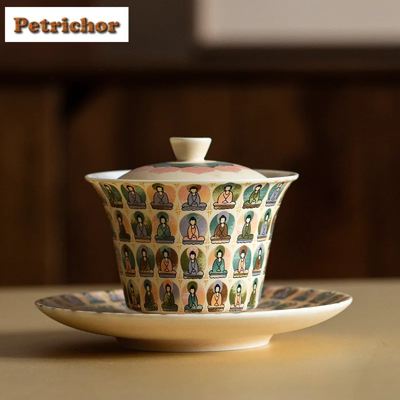 

150ml Dunhuang Thousand Buddha Horseshoe Gaiwan Handmade Tea Tureen Tea Bowl With Lid Kit Tea Maker Cover Bowl For Tea Supplies
