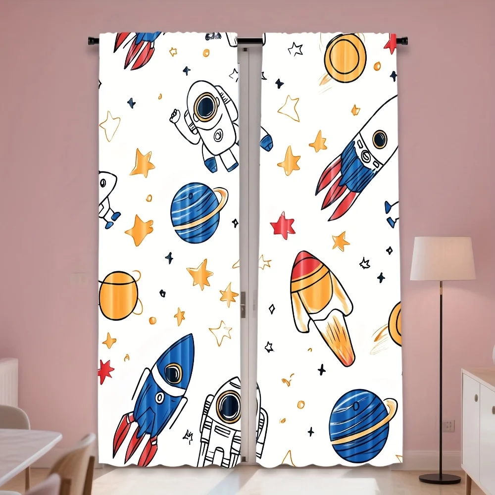 2pc Space graffiti astronaut rocket curtains, machine washable polyester, suitable for living rooms, bedrooms, and offices.