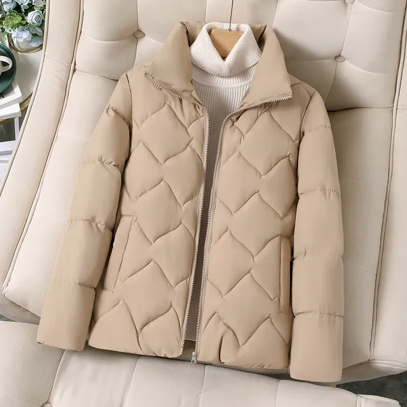 Short Down Padded Jacket Women's 2024 Winter New Small Down Cotton Jacket Stand-up Collar Padded Jacket Rhombus Dotton Coat