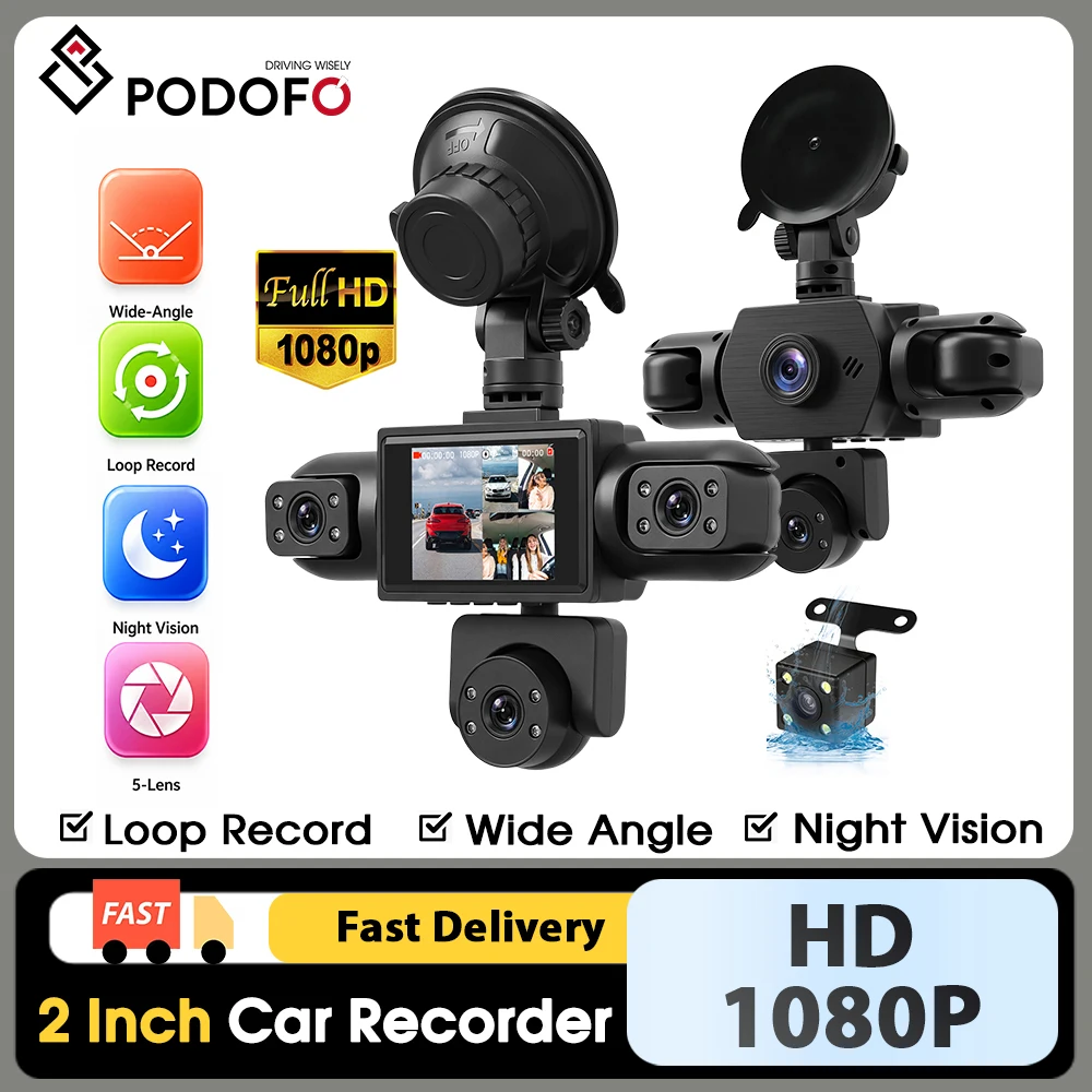 Podofo 2,0 Zoll IPS-Bildschirm 5-Kanal Auto-Dashcam 1080P Front 4*480P Vier Linsen 360-Grad-Rundumsicht Schleifenaufnahme Nachtsicht Rückfahrassistent Mehrsprachiger Auto-DVR-Rekorder Unterstützt 64GB