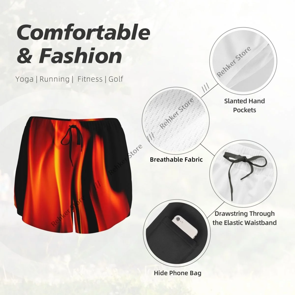 Women's Athletic Shorts Fire Flames Background Running Yoga Fitness Quick-Dry Badminton Training With Pocket