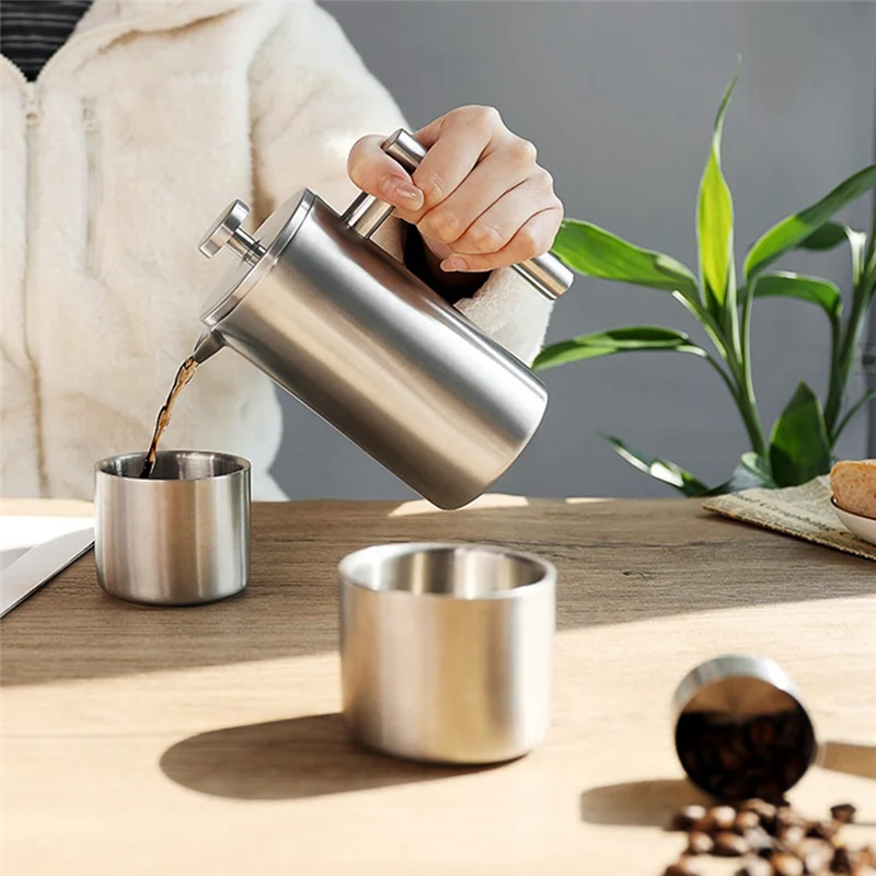 Double Wall Heat Resistant Coffee Pot Insulated Coffee Presser Stainless Steel 1Set