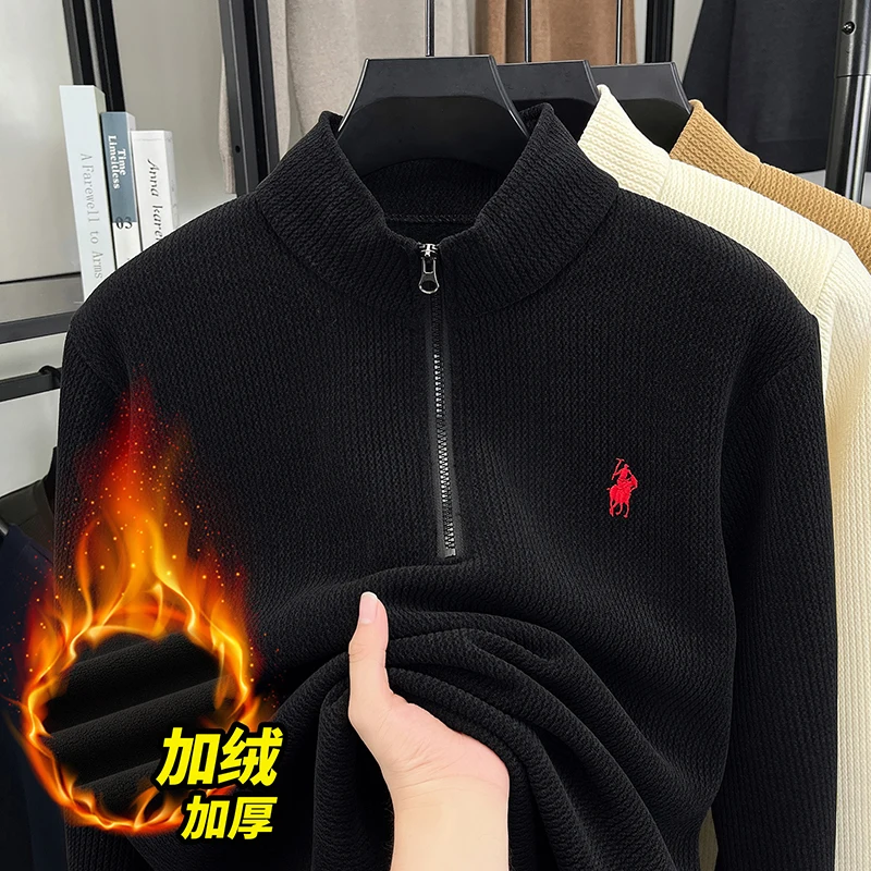 سترة بسحاب برقبة عالية مع مخمل سميك للرجال، سترة شتوية دافئة، سترة قاعدة محبوكة