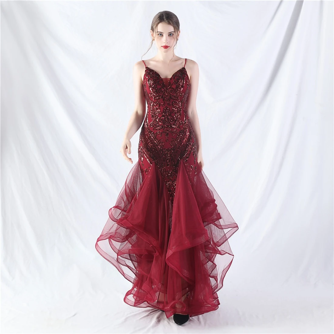 Shimmering Floor-Length Prom Dress with Sequin Embellishment and Mesh Overlay Customized