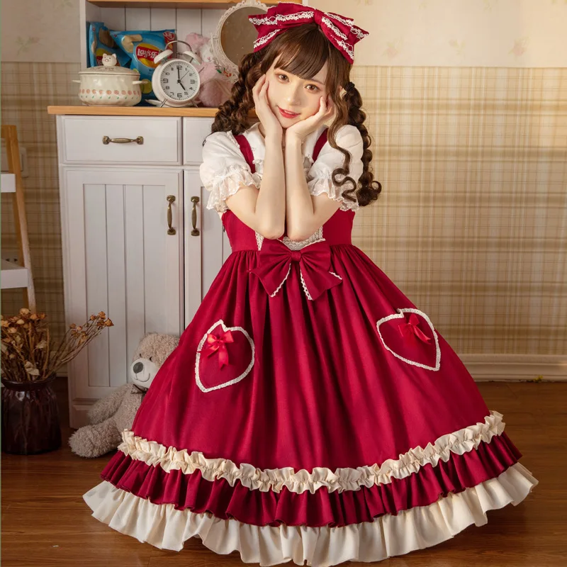 Red Lolita Kleider JSK Sommer Frauen Kawaii Jumper Rock Mädchen Spitze Miads Prinzessin Süße Kleid Japanischen Cosplay Kostüm Kleid